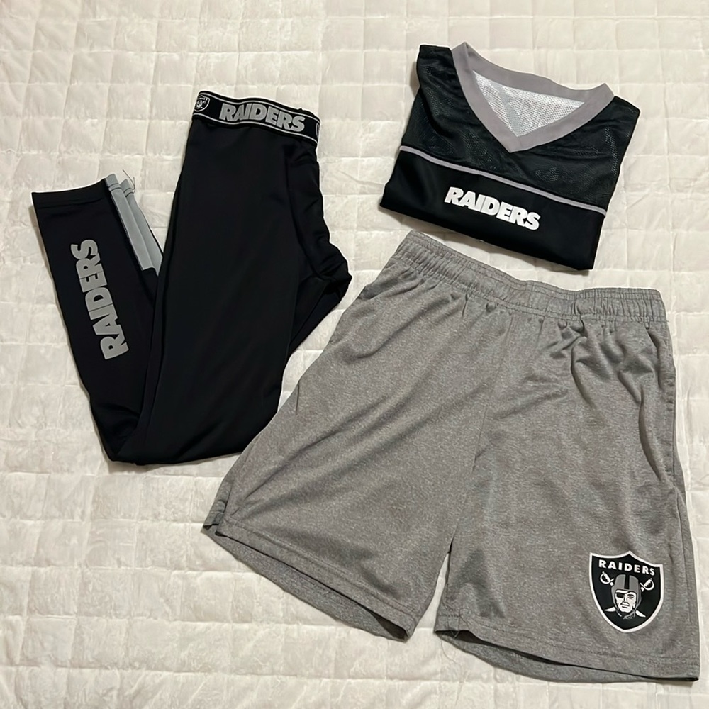 Boy’s 10/12 Raiders Reversible Jersey, Basketball Shorts and Legging Bundle